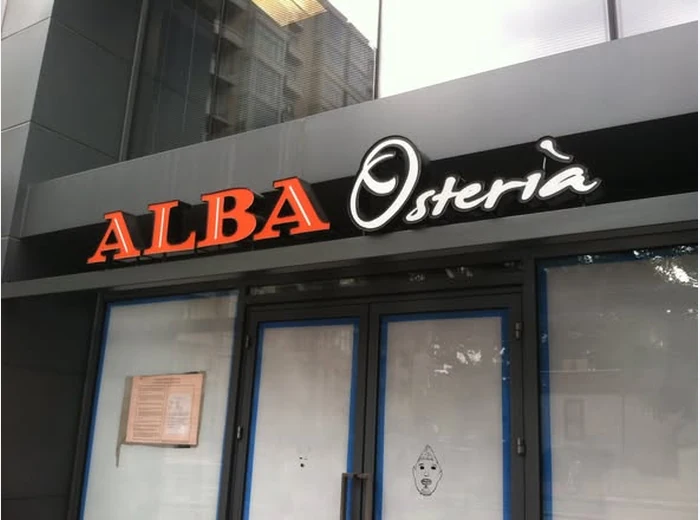 Alba Osteria orange storefront dimensional lettering