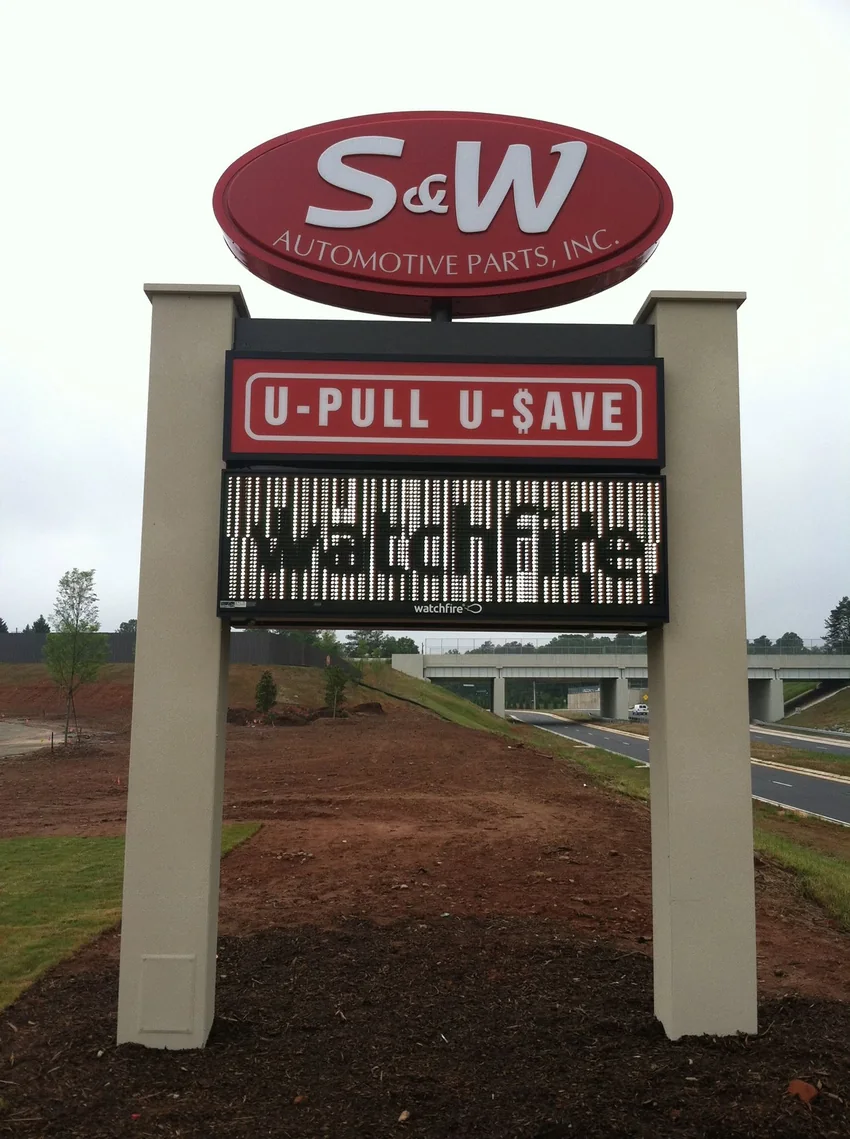 S&W Automotive freestanding roadside sign with electronic message display
